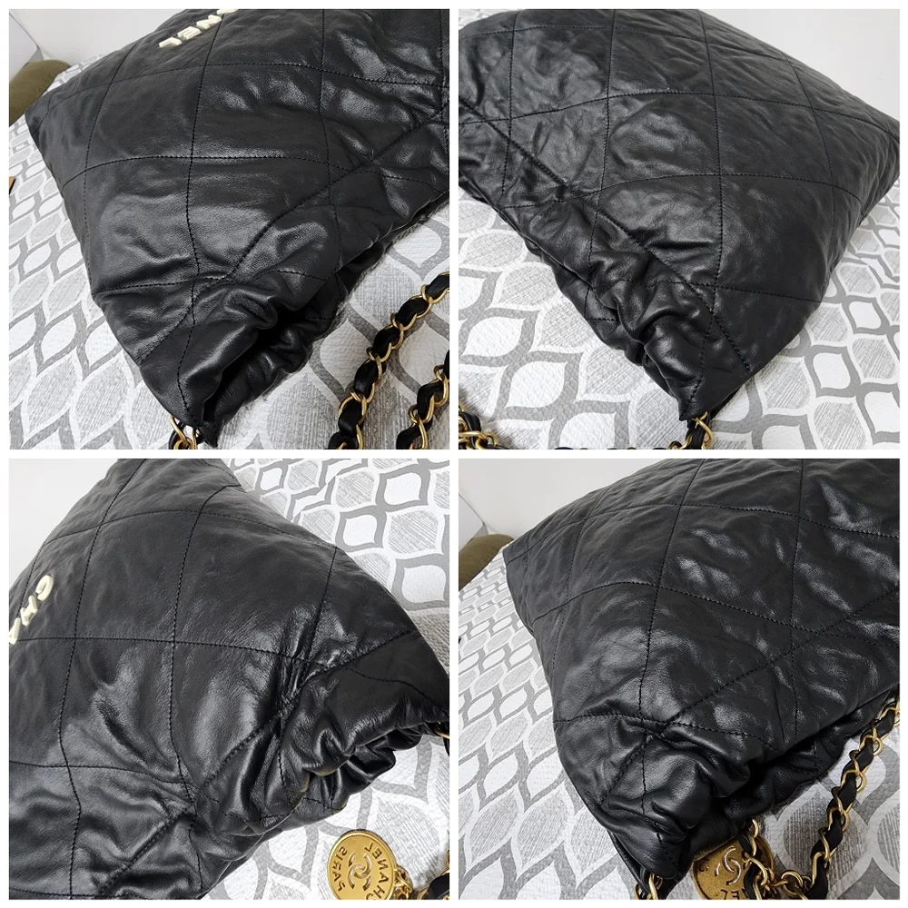CHANEL Quilted Shiny Calfskin Leather 22 Hobo Bag Black